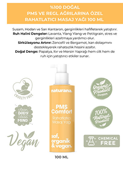 Naturana %100 Doğal PMS Regl Ağrısı Rahatlatıcı Masaj Yağı 100 ML Misk Adaçay...