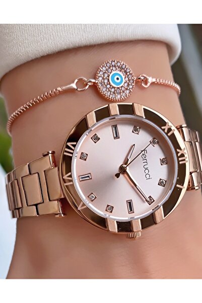 Ferrucci Ferruci Marka Rose Gold Renk Çelik Kordon 2 Yıl Garantili Kadın Kol Saati - Bileklik Hediyeli