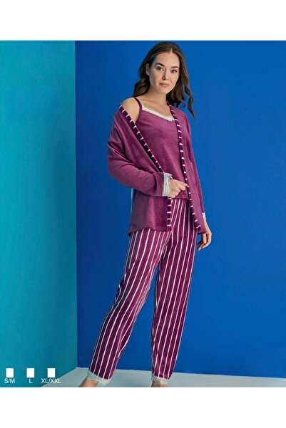 İpek Women's Velvet Triple Dressing Gown Pajama Set-Navy Blue-Burgundy-Dark Blue