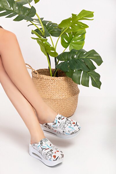 Nur Ortopedi White Ilkyardim Patterned Doctor Nurse Sabo Airmax Sole Orthopedic Slippers