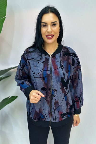 GÖKSEL Plus Size Blue Sweatshirt - Printed and Zip-Up