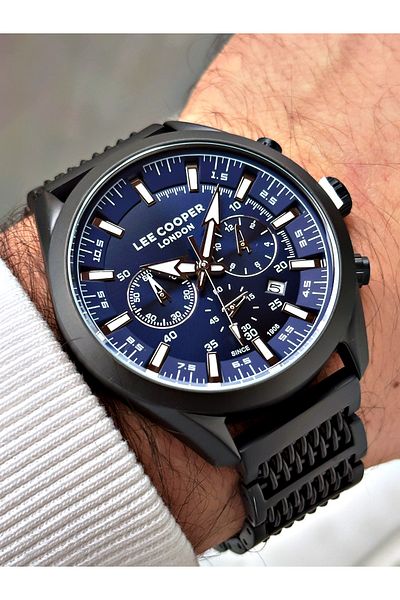Lee Cooper Function Black-Blue Color Steel Band Men's Wrist Watch 7556.690