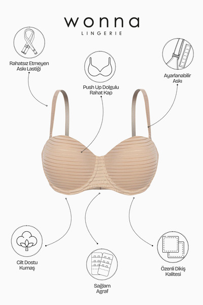 Wonna Сутиен без презрамки от раиран плат - Push Up, с подплънки - 2512 - Светлокафяв