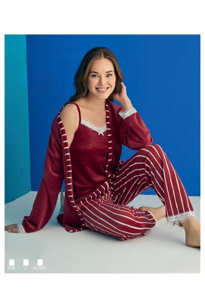 İpek Women's Velvet Triple Dressing Gown Pajama Set-Navy Blue-Burgundy-Dark Blue