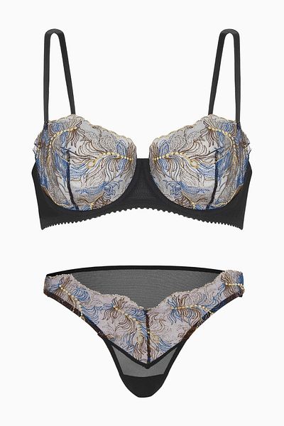 Wonna Set sutien cu broderie cu sclipici pentru balcon - Detaliu din tul, fără cupă - Moda - Negru 2587