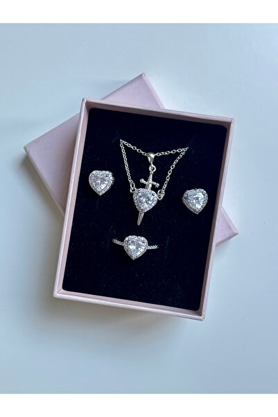 YOUES JEWELRY Valentine's Day Jewelry Set 2 Pieces Necklace, Ring and Earrings Jewelry Set Heart Set with Stones