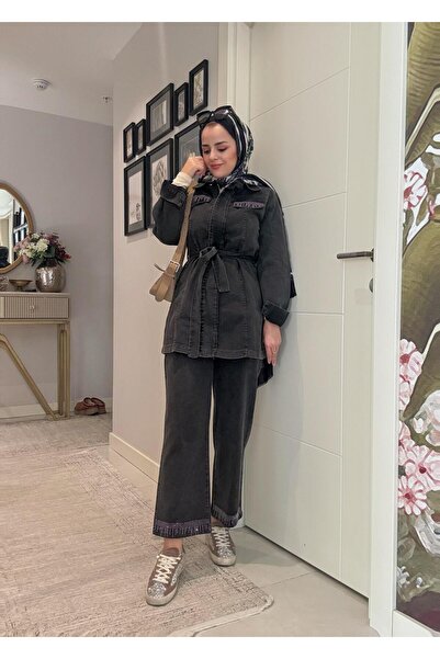 Aselim Hijap Moda Belted Stone Detailed Denim Shirt Double Set Black Women's Hijab Clothing