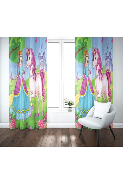 Erays Home Double Wing Background Curtain with Princess and Unicorn Design