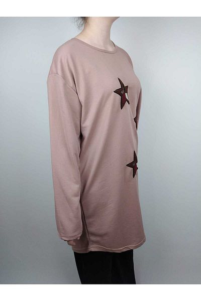 YAŞAR TRİKO Women's Mink Crew Neck Long Sleeve Star Embroidered Two Thread Tunic
