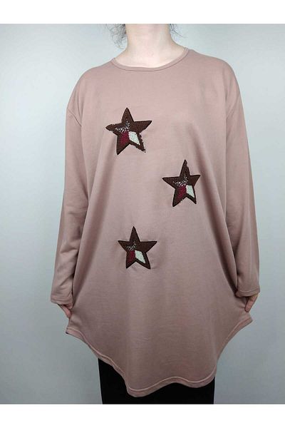 YAŞAR TRİKO Women's Mink Crew Neck Long Sleeve Star Embroidered Two Thread Tunic