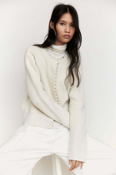 H&M Bead-embellished rib-knit cardigan