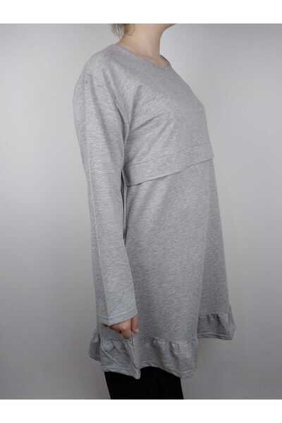 YAŞAR TRİKO Жіноча сіра туніка з коміром-стійкою, довгими рукавами та воланами, двоколірна