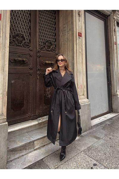 MEECY Schwarzer Trenchcoat für Damen der neuen Saison mit Gürtel