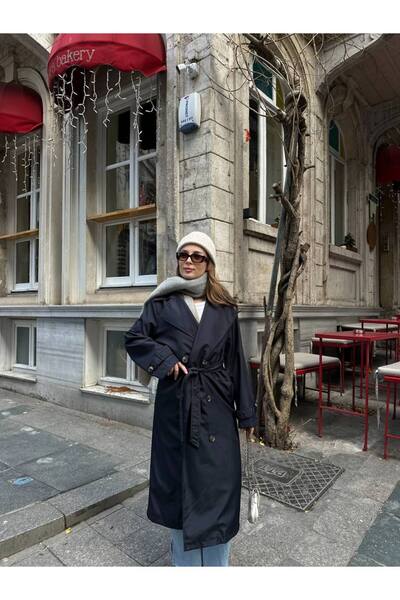 MEECY Women's Navy Blue Belted New Season Trench Coat