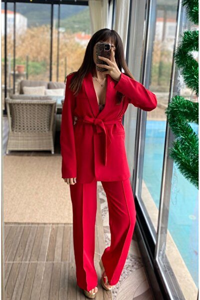 MODAGK Kadın Ikili Kuşaklı Blazer Ceket Pantolon Takım