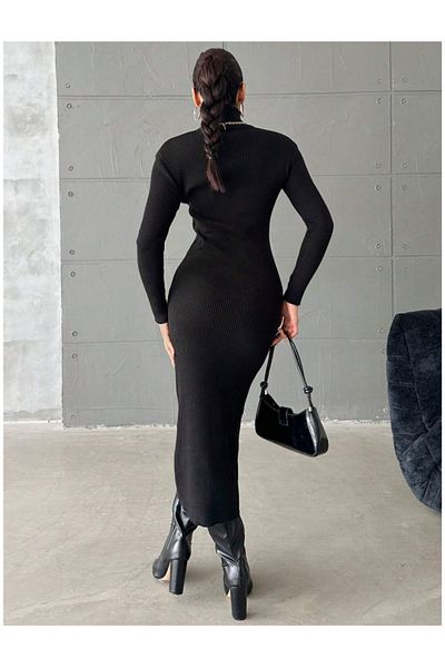DESING HS Rochie creion din bumbac cu nervuri, cu decolteu, lungime midi