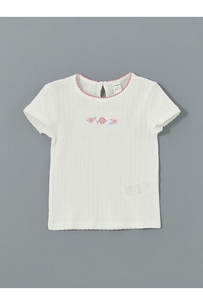 LC Waikiki Lcw Kids Ecru Crew Neck Embroidered Girls' T-Shirt