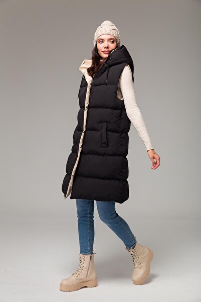 Olcay Doppelseitige Pufferweste mit Kapuze Schwarzstein 8191