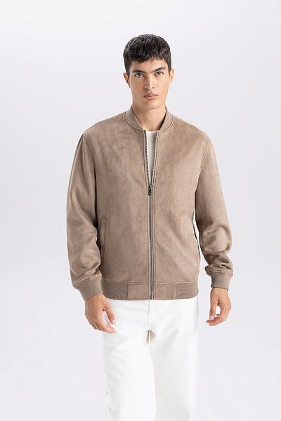 DeFacto Slim-Fit-Jacke aus Wildleder, Slim-Fit, College-Revers, Reißverschluss, Doppeltaschen, saisonal, leicht