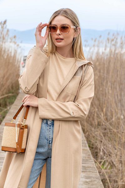 Olcay Ungefütterte Kappe mit Kapuze und Netzdetail BEIGE 6570