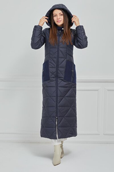 Olcay Odnímatelná dlouhá prošívaná čepice s kapucí a detailem razítka DARK BLUE 6524