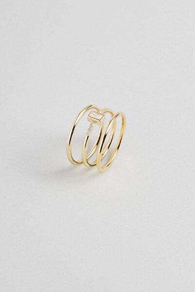 So CHIC... Minimal Baget Tasarım 18 Ayar Sarı Altın Kaplama Çoklu Gümüş Yüzük