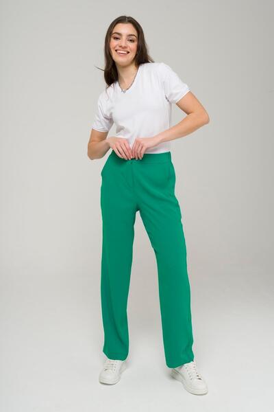 Olcay Elastic Back Waist Straight Leg Trousers Green 7561