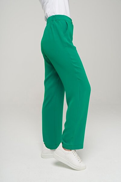 Olcay Elastic Back Waist Straight Leg Trousers Green 7561