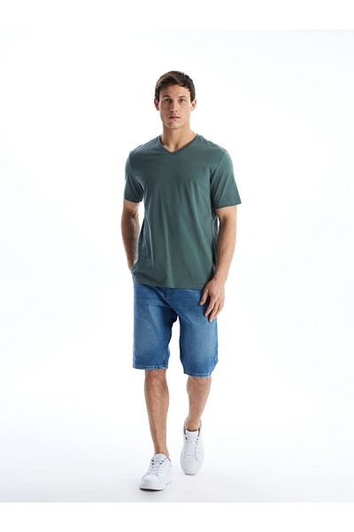 LC Waikiki Green V-Neck Short Sleeve Combed Cotton Men's T-Shirt