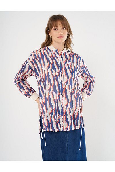Kayra Navy Blue College Collar Printed Tunic