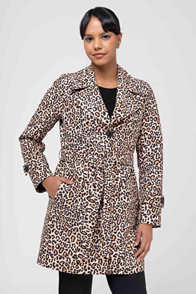 Olcay Erkek Yaka Leopar Desenli Astarlı Trençkot SİYAH 6572