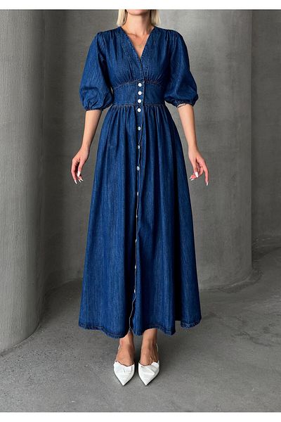 Olcay Rochie de denim albastru închis cu decolteu în V - cu corset și închidere cu capsă 9254-E