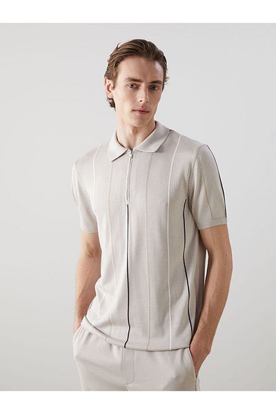 LC Waikiki Ανδρικό πλεκτό πουλόβερ LCW Vision Beige Polo με κοντό μανίκι ριγέ