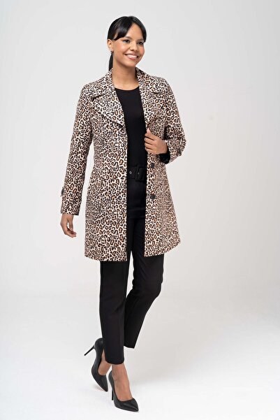 Olcay Erkek Yaka Leopar Desenli Astarlı Trençkot SİYAH 6572