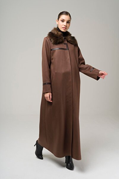 Olcay Velký semišový Gabardínový vrchní kabát s odnímatelným límcem, kožešinovou výšivkou a koženým detailem, HNĚDÁ 6511