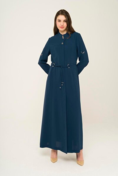 Olcay معطف هاكيم بدون بطانة مطرز بالياقة وحزام مزين بالتطريز PETROL 6464