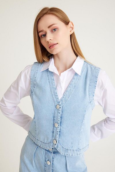 Olcay BLUE Denim Set - Stone Detailed Vest, Shirt and Skirt 9228-YTK