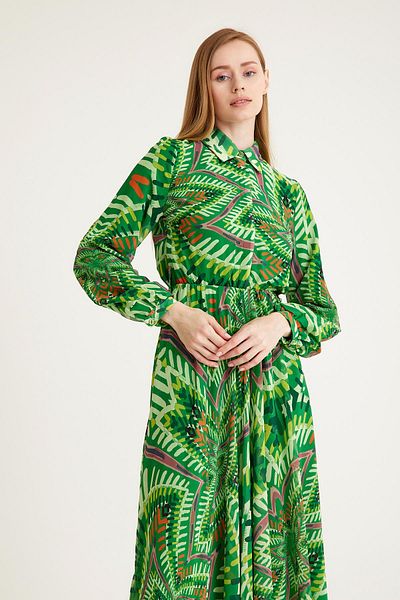 Olcay GREEN Patterned Chiffon Dress - Drawstring Waist and Belt Accessory 9619-EY