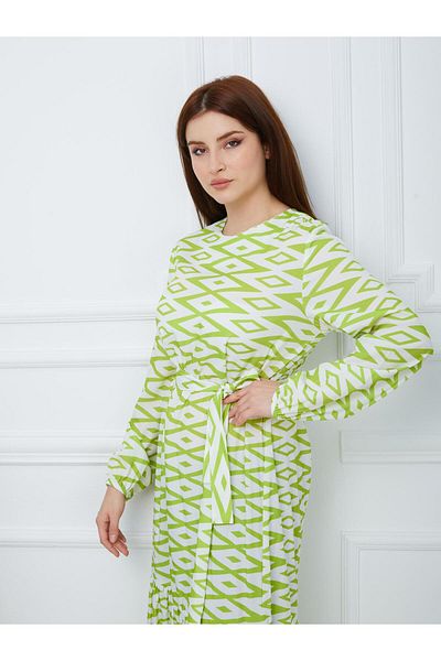 Olcay Gathered Skirt Geometric Print Long Dress GREEN 2154-E