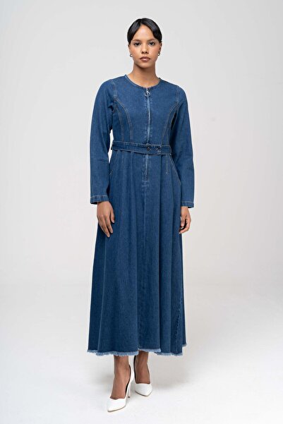 Olcay Τζιν φόρεμα με φερμουάρ Zero Collar Λεπτομερές τζιν φόρεμα μέσης σκούρο μπλε 9220-e