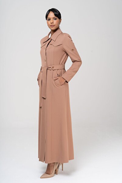 Olcay Shirt Collar Belt Detailed Lined Top Coat KAMEL 6555