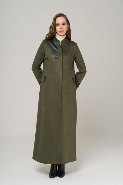 Olcay Prächtiger Umhang mit Kragen und detailliertem Wildleder-Look-Deckmantel aus Leder in Khaki 6519