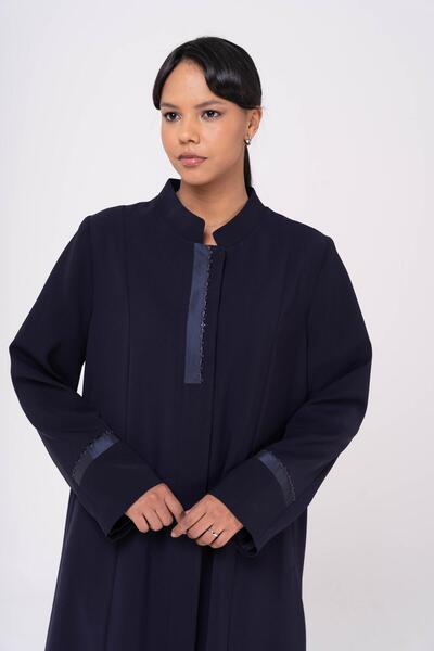Olcay Chief Collar Taffeta and Embroidery Detailed Lined Large Size Top Coat NAVY 6547