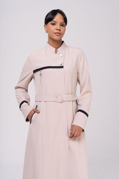 Olcay Lined Top Coat with Judge Collar Garnish and Accessory Detail BEIGE 6550