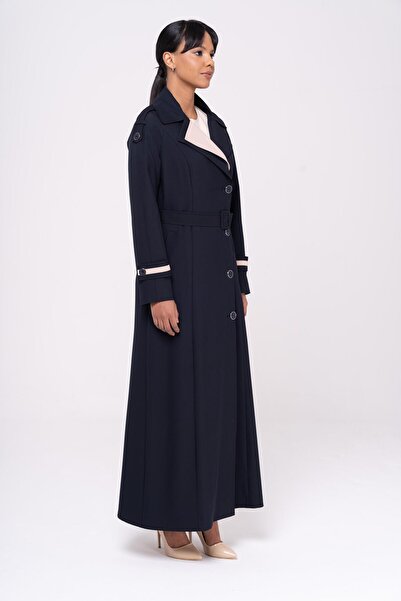 Olcay Garnished Epaulet and Double Collar Lined Topcoat Dark Blue 6556
