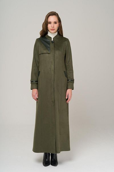 Olcay Prächtiger Umhang mit Kragen und detailliertem Wildleder-Look-Deckmantel aus Leder in Khaki 6519
