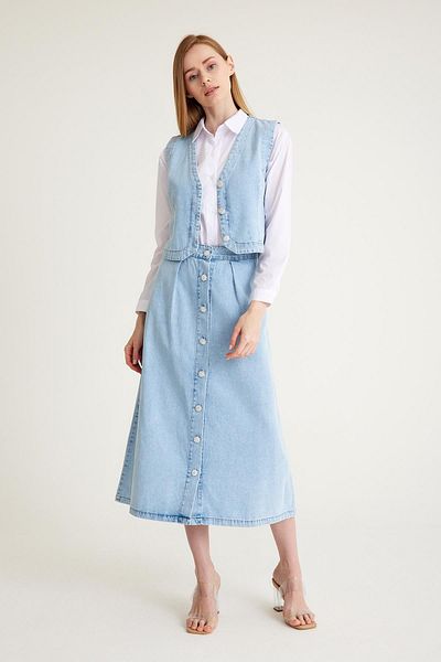 Olcay BLUE Denim Set - Stone Detailed Vest, Shirt and Skirt 9228-YTK