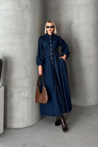 Olcay Dunkelblaues Jeanskleid – Kordelzug an der Taille und Druckknopfverschluss 9249-E