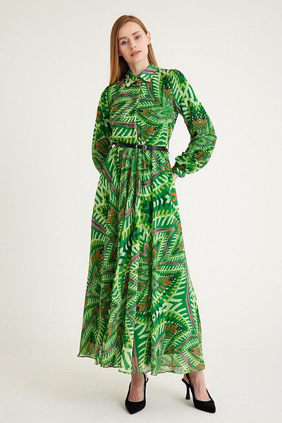 Olcay GREEN Patterned Chiffon Dress - Drawstring Waist and Belt Accessory 9619-EY