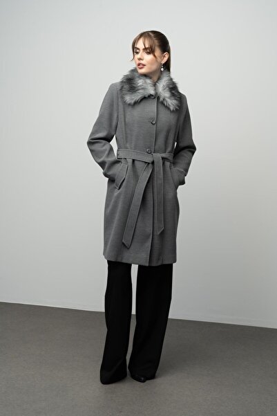 Olcay Plus Size Fur Coat with Removable Collar - GRAY 3004